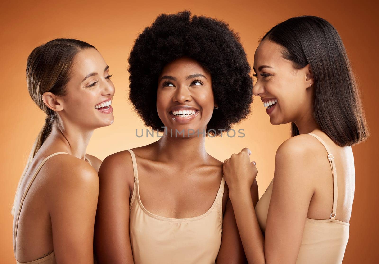 Happy, makeup and women group smile with skincare for face against a mockup studio background. Group of diversity model friends with natural, beauty and cosmetics with cosmetic model happy and smile.
