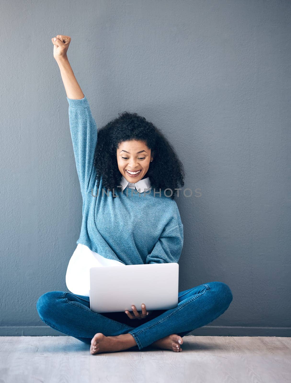 Wow, happy and woman with news on a laptop, email success and excited about a notification. Smile, celebration and employee with a surprise on the internet, communication and announcement on a pc.