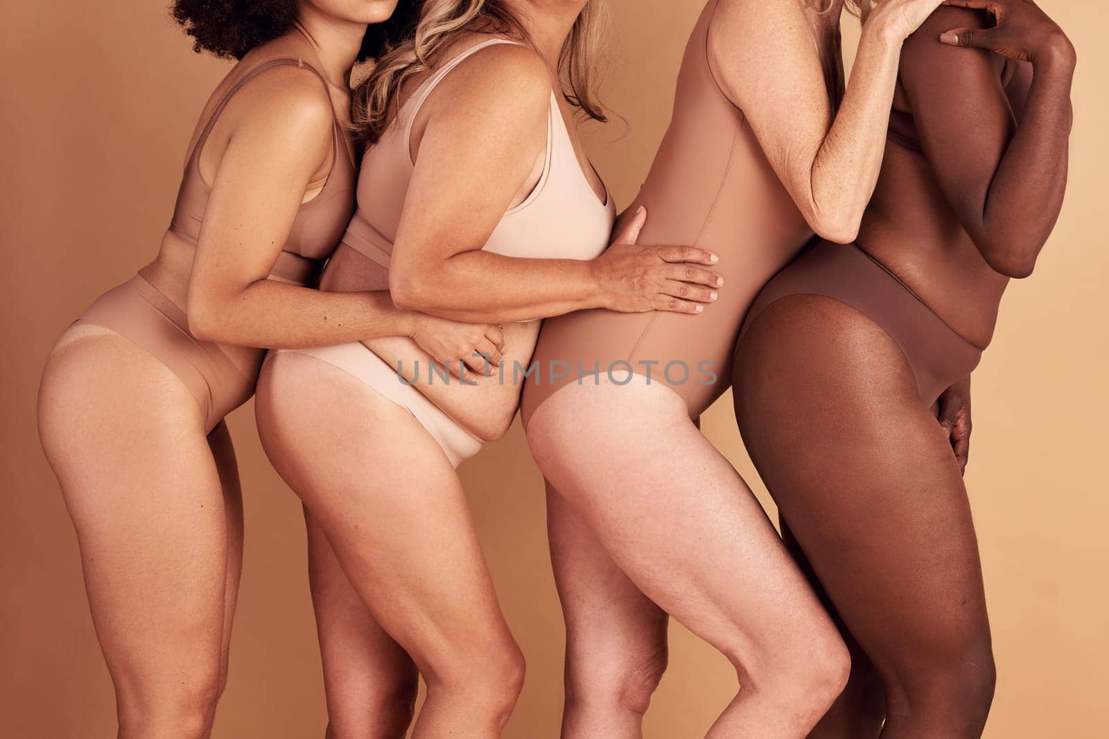 Body positive, underwear and diversity women with self love, confidence and support for natural beauty and self care. Group of people, girl friends or woman with lingerie, solidarity and acceptance.