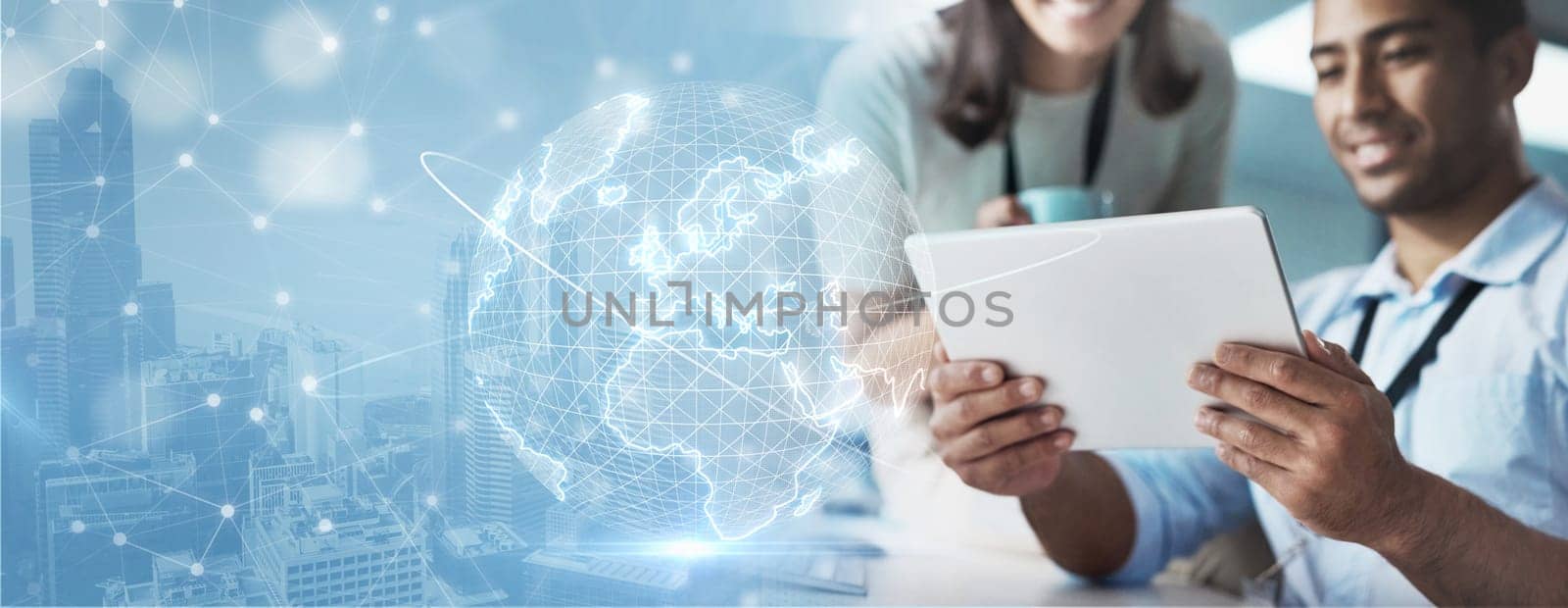 Tablet, overlay or team with digital marketing research helping, talking or networking online or internet. Global hologram, woman or happy agents in communication or conversation for tech sales data.