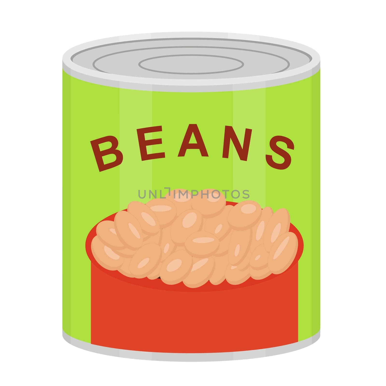 Tin can with canned baked beans. Vector flat illustration.