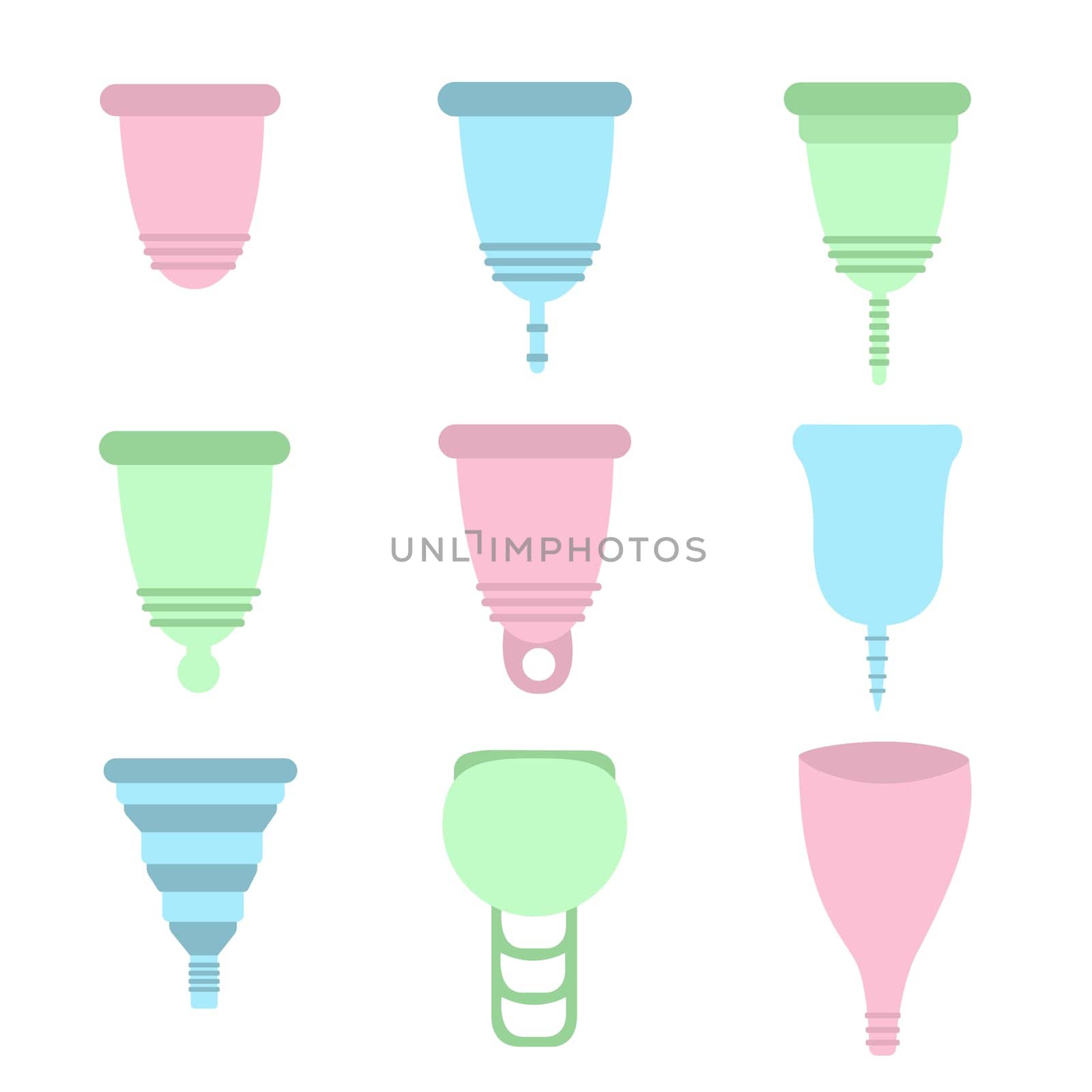 Set of different menstrual cups. Zero waste periods. Ecological plastic-free lifestyle. Vector illustration.