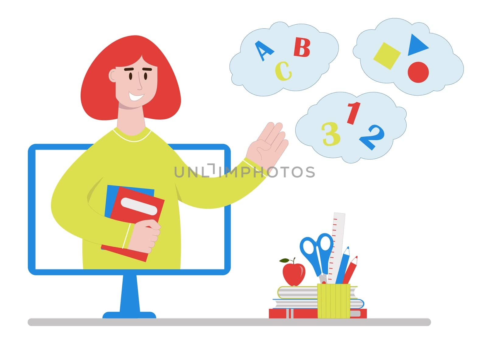 Online teacher of primary elementary school on computer monitor with letters, numbers, shapes. Distance education, remote lessons and homeschooling concept. Vector illustration in flat style.