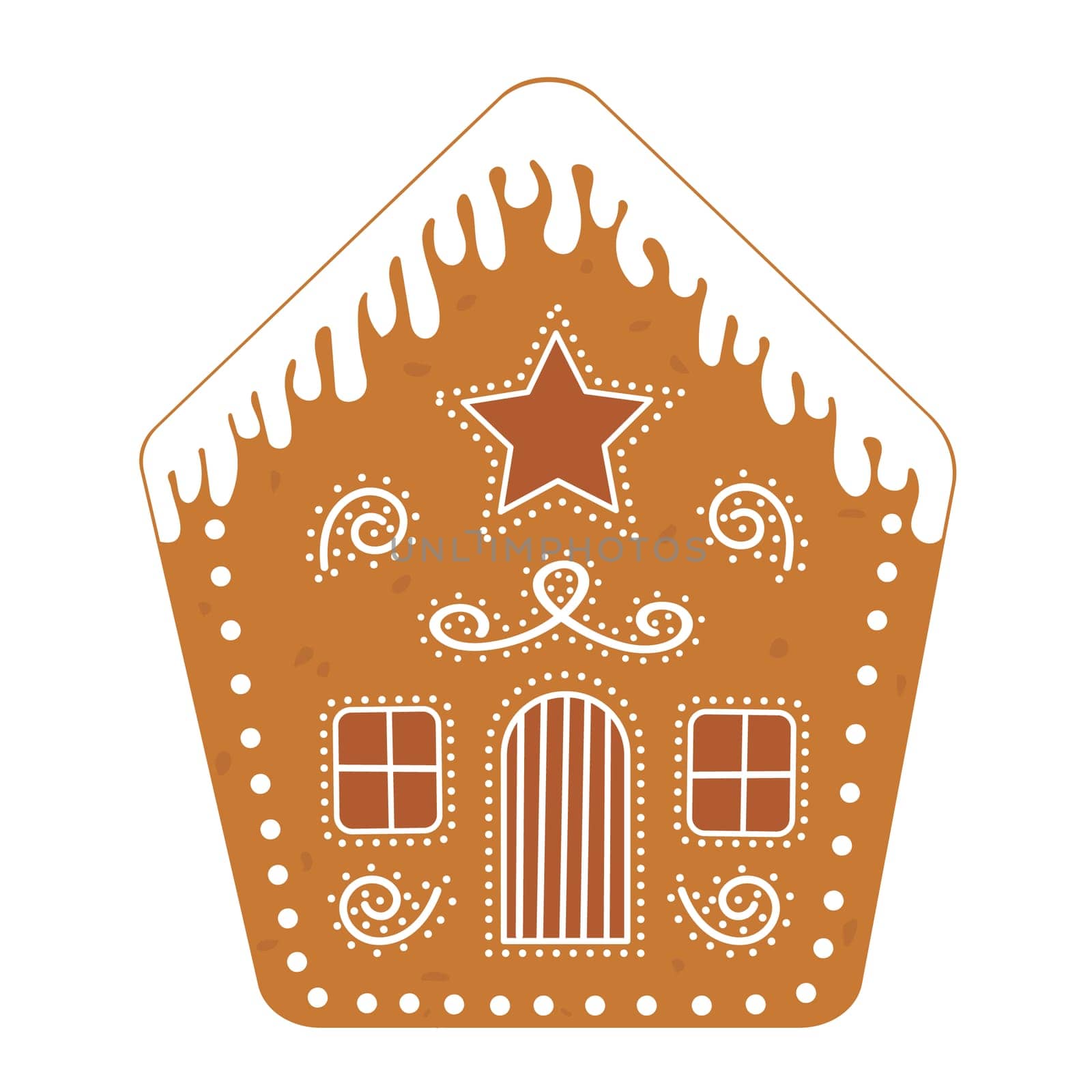 Gingerbread house, traditional Christmas cookie and decoration. Ginger biscuit with glaze. Vector flat illustration.