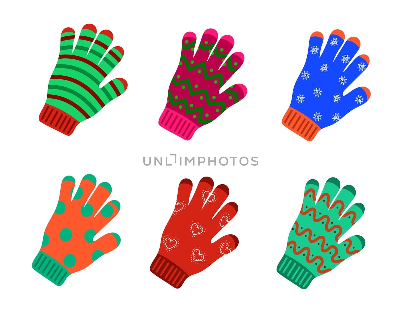 Set of colorful knitted winter gloves. Vector flat illustration by Ablohina