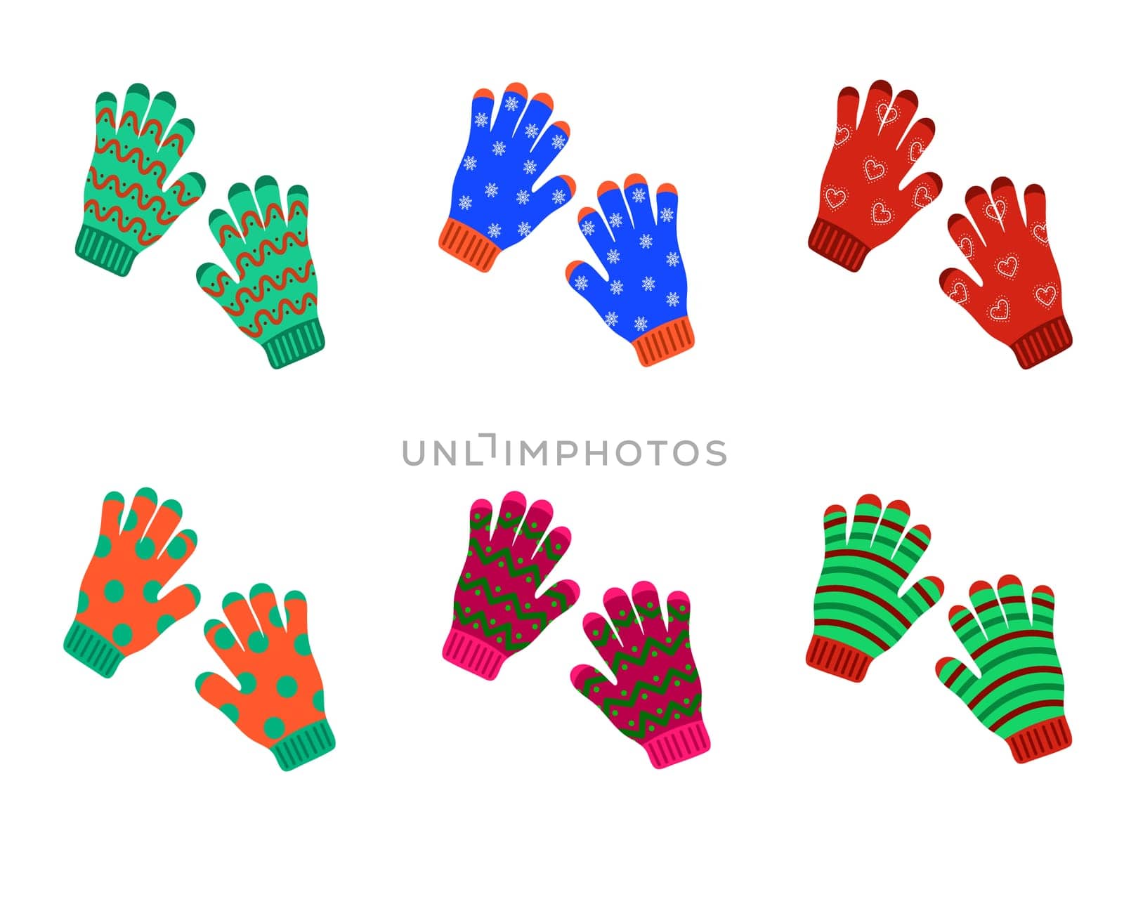 Set of knitted warm winter pairs of gloves with various patterns. Vector flat illustration by Ablohina