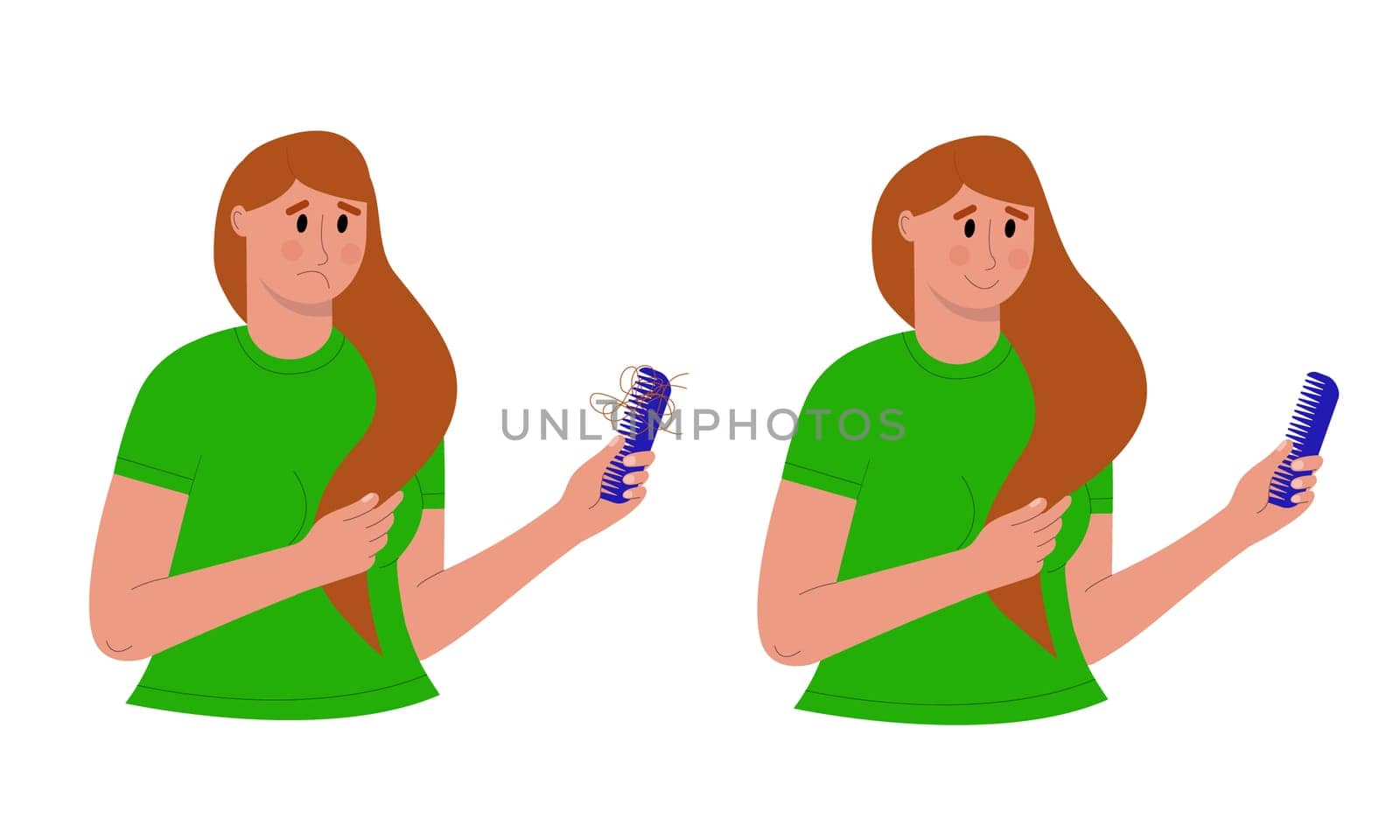 Hair loss or baldness problem before and after treatment or transplant. Sad and happy women holding comb with and without falling hair. Vector illustration.