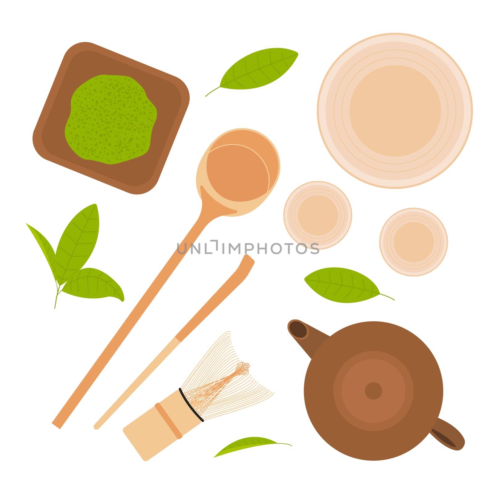 Japanese matcha tea ceremony. Various tools for preparing drink, matcha powder and leaves, chawan, chasen, chashaku, hishaku, tea pot. Flat lay top view. Vector illustration.