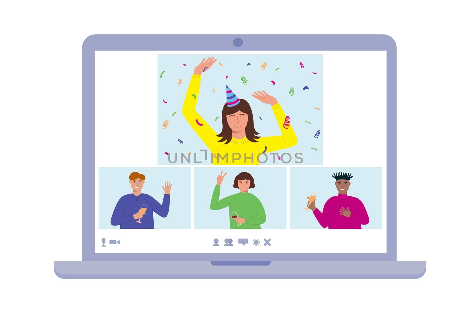 Online birthday home party concept. People on laptop screen celebrating, communicating, dancing, drinking. Friends meeting through video app. Long distance relationship. Vector illustration.