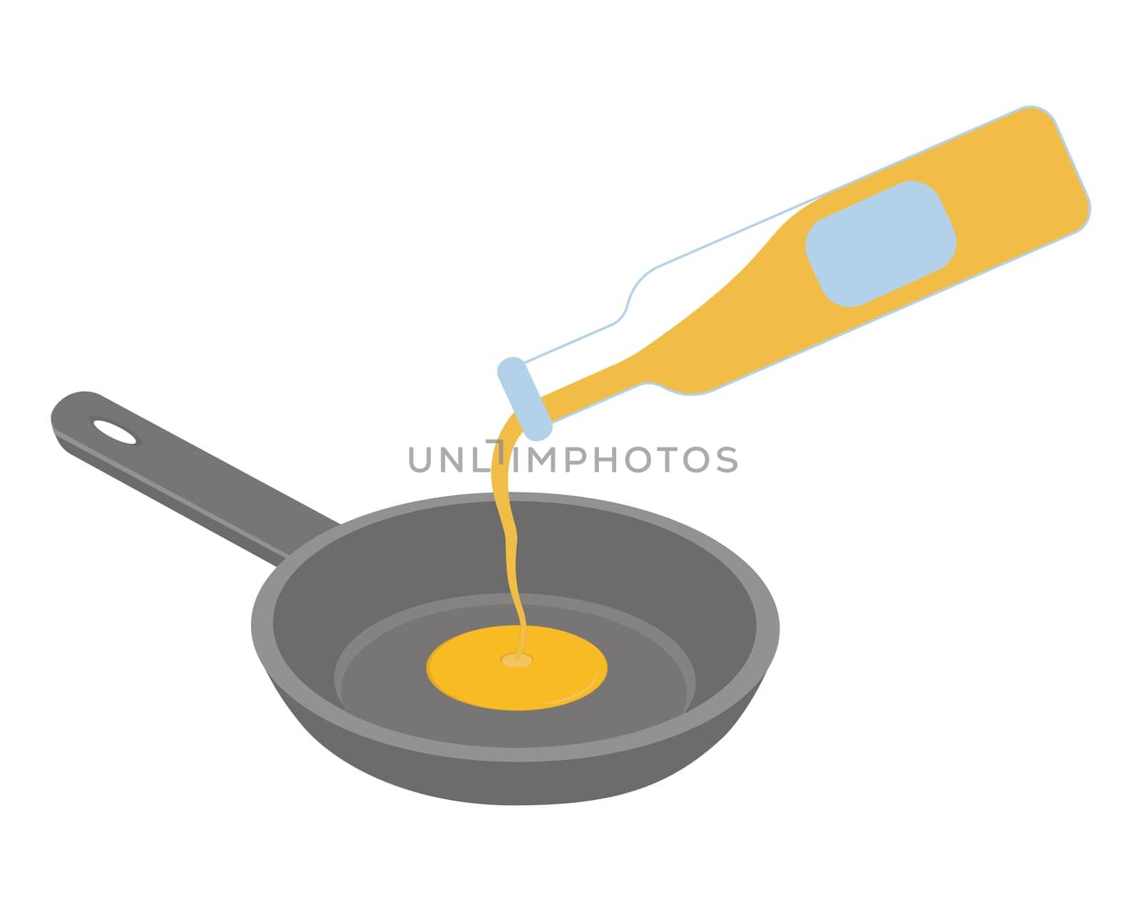 Oil pouring into frying pan from bottle. Vector flat illustration.