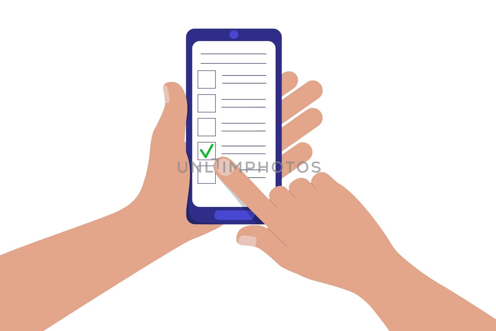 Concept of online questionnaire, quiz, survey. Hand holding mobile phone, forefinger touching vertical screen and marking option. Vector illustration in flat style.