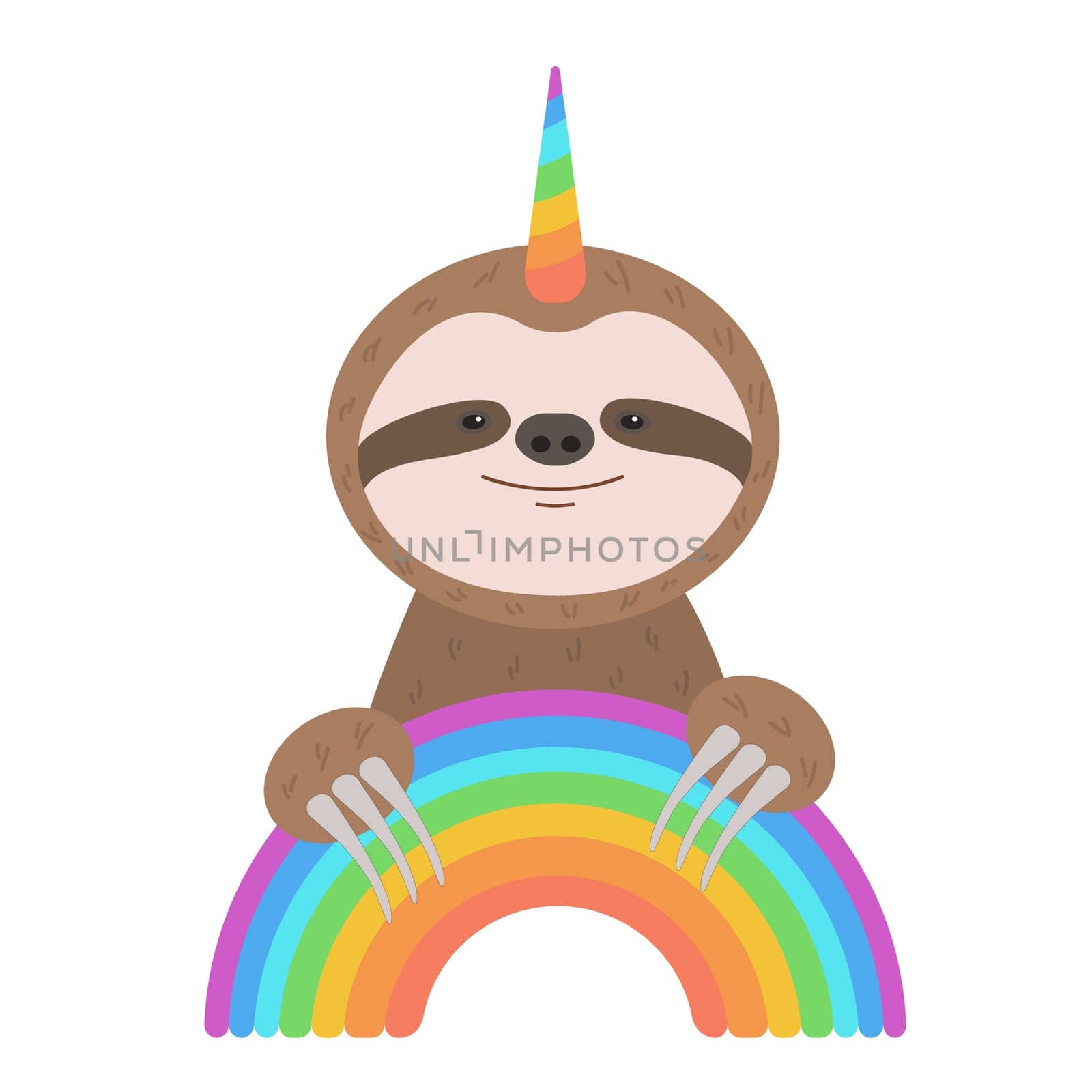 Funny cute sloth with unicorn horn catch the rainbow arc. Vector illustration for creative children design, cards, posters by Ablohina