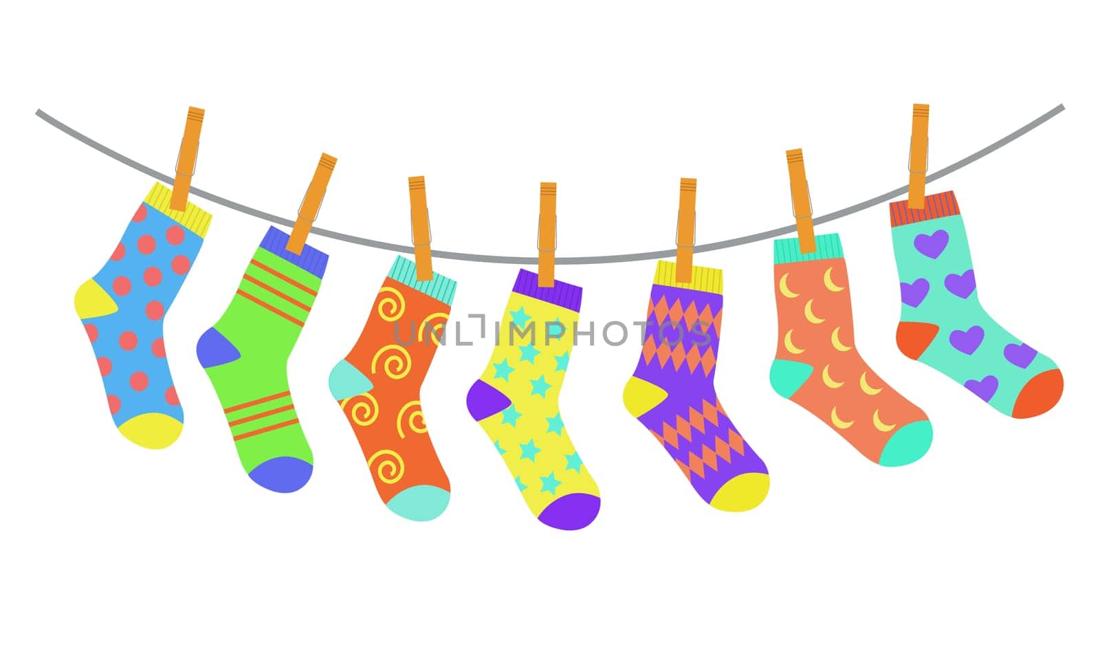 Set of colorful bright children socks drying on the clothesline. Vector illustration in flat style by Ablohina