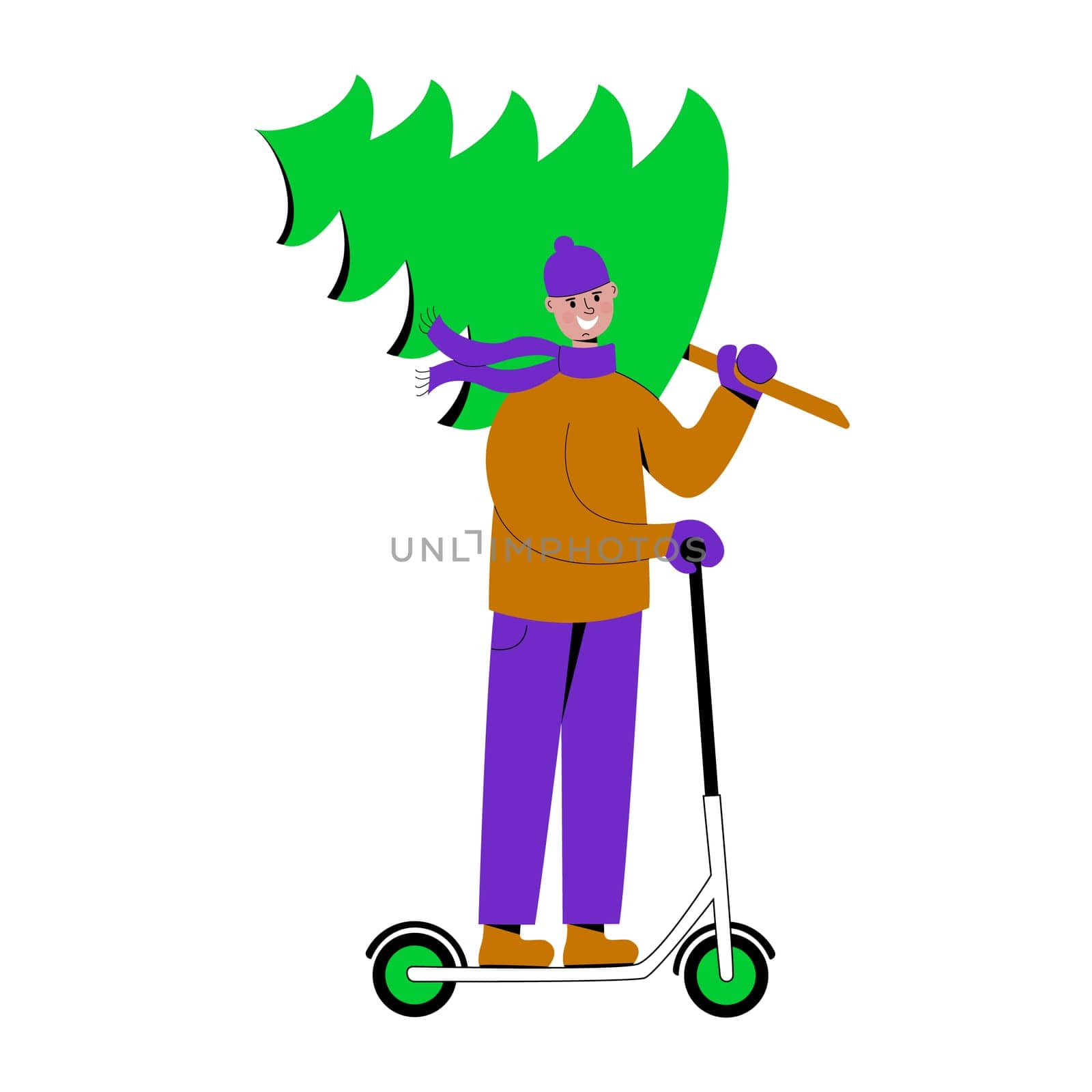 Happy smiling man carrying Christmas tree and riding on electric scooter. Preparing for Christmas and New year holidays. Vector illustration.