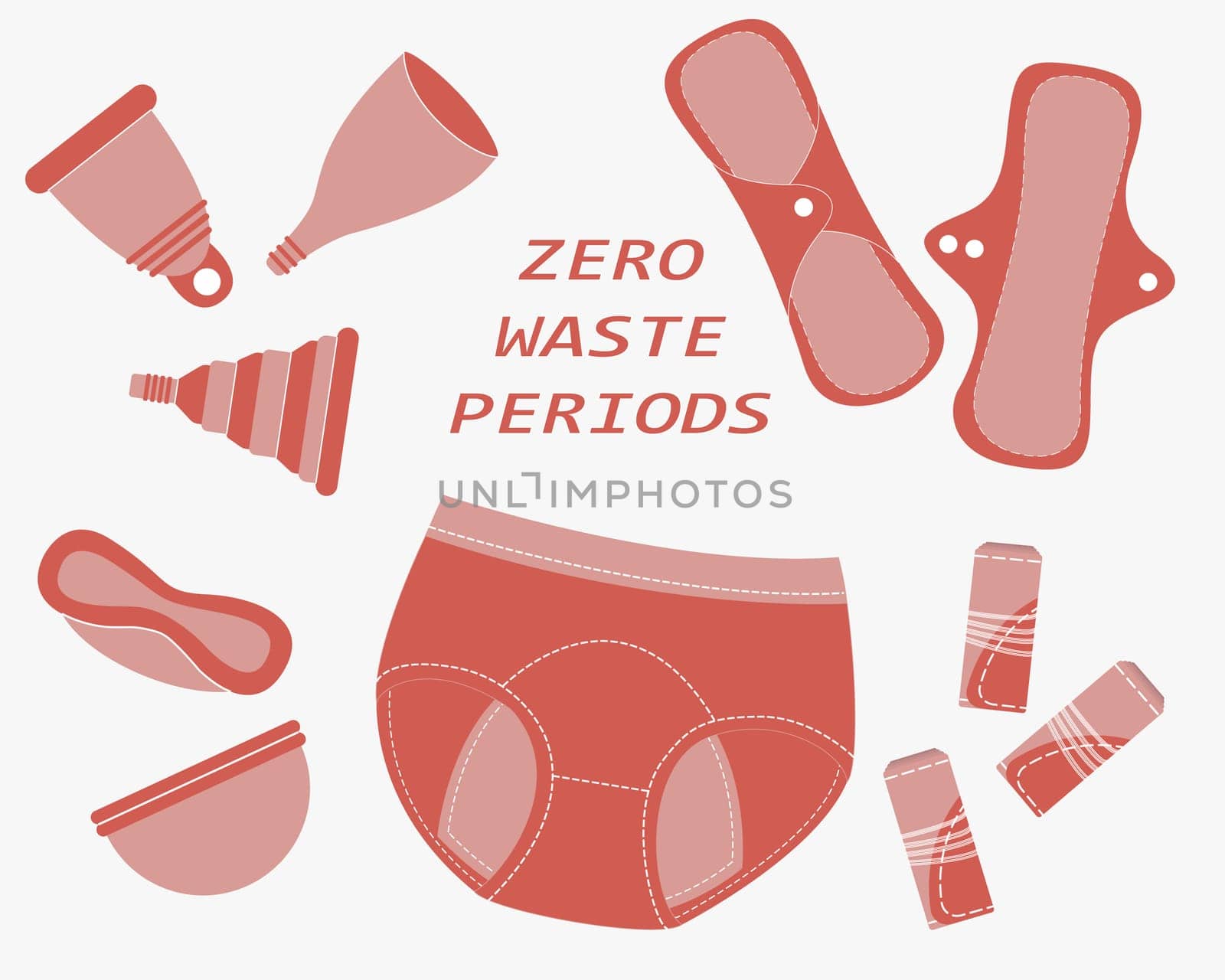 Zero waste periods. Set of reusable plastic free products for menstruation days, menstrual cups and disks, cloth pads and tampons, cotton panties. Ecological lifestyle. Vector illustration by Ablohina