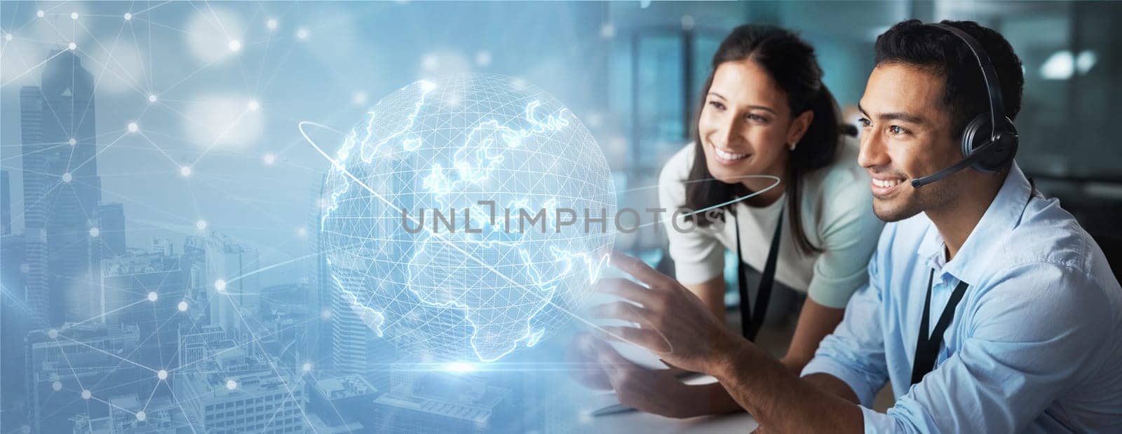 Coaching, overlay or consulting team in a call center helping, talking or networking online in training. Global hologram, woman or happy agents in communication at customer services or sales support.