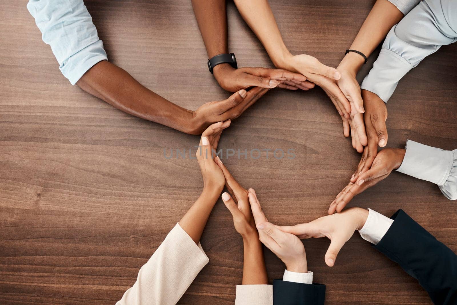 People with hands in circle, business diversity and banner for global recruitment marketing. Round table meeting, solidarity in corporate workplace, group collaboration and united nations community.