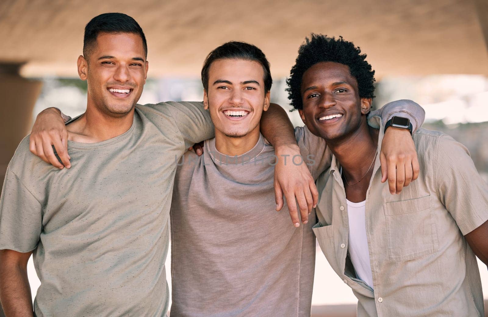 Friends together, portrait and men outdoor with hug, relax and happy with diversity, smile and freedom. Friendship, care and bonding with solidarity, support and young people with bond and trust by YuriArcurs