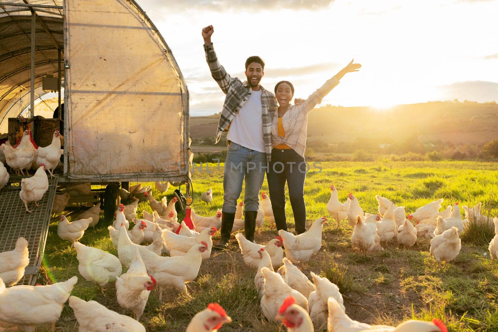 Excited, success and couple on a farm with chicken for sustainability, agriculture and small business in nature. Happy, eco friendly and portrait of a man and woman with animals in countryside by YuriArcurs