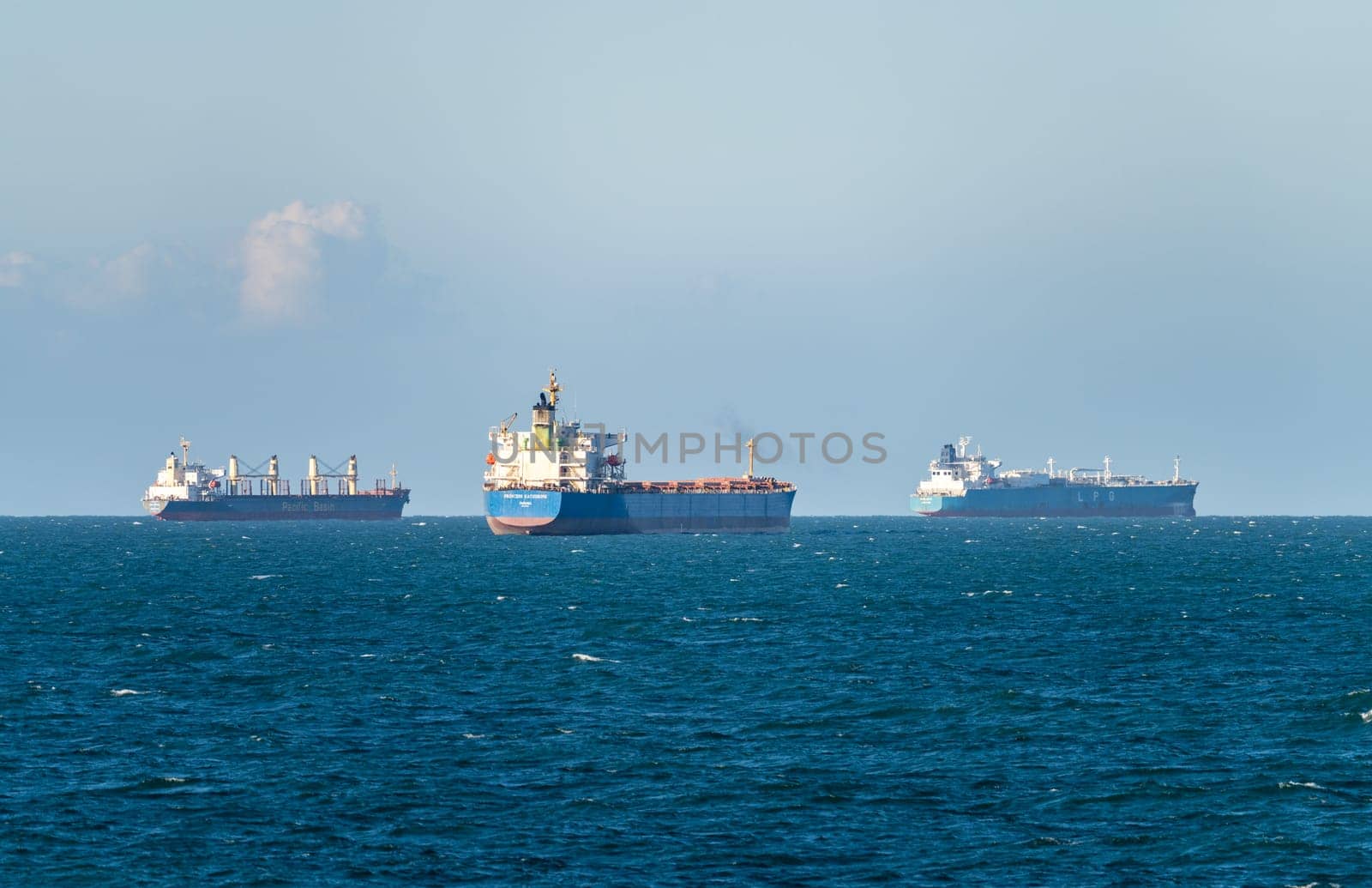 Bahia Blanca, Argentina - 3 February 2023: Three large cargo and LPG ships at anchor
