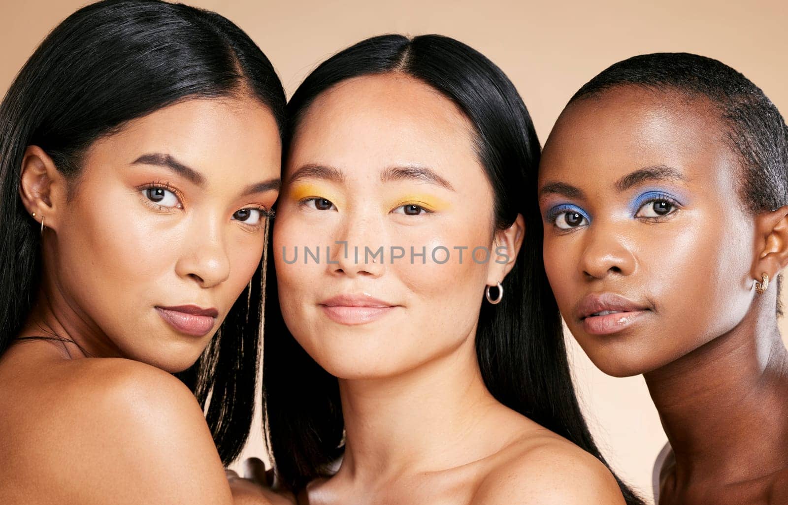 Diversity, beauty and women, face and portrait with skincare, natural cosmetics and eye makeup isolated on studio background. Cosmetic glow, different skin color and wellness, dermatology and facial.