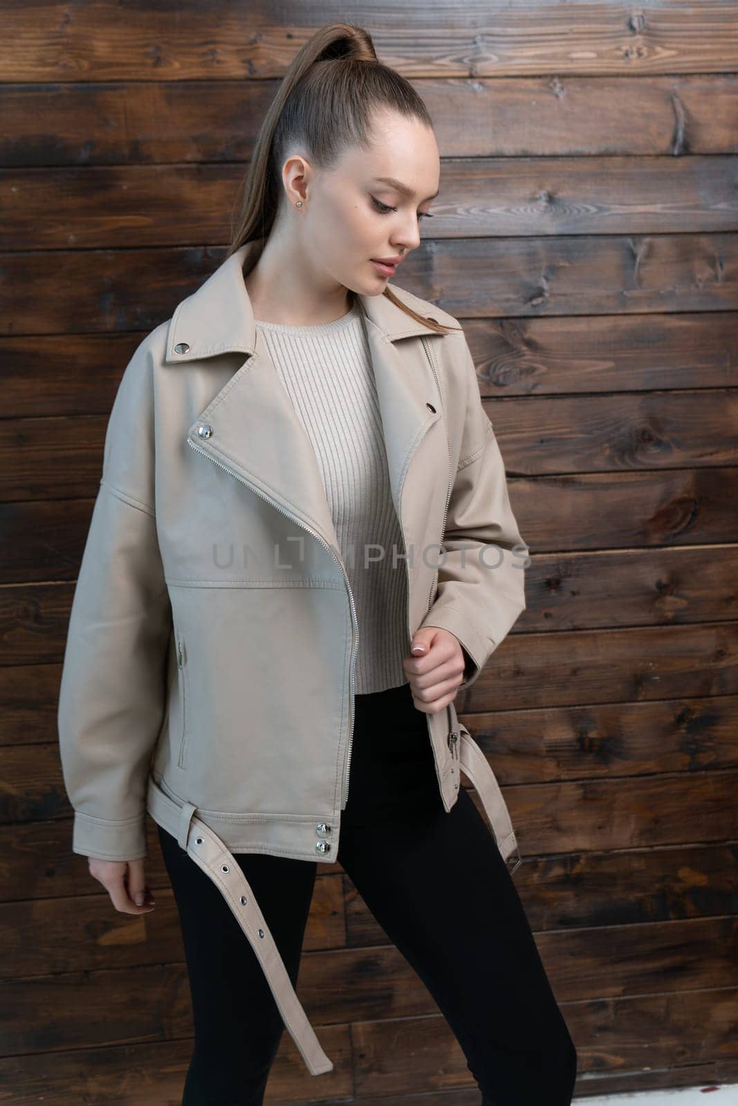 beige young fashion stylish leather portrait jacket beauty female model style woman by 89167702191