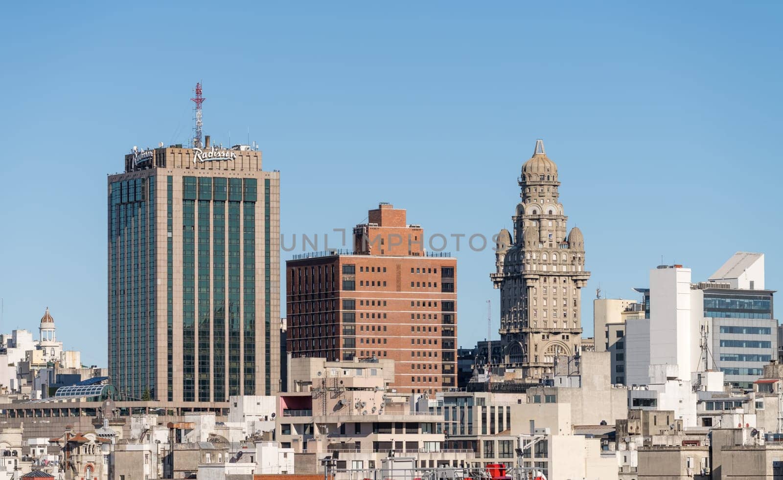 Montevideo, Uruguay - 5 February 2023: Downtown skyline including the famous Salvo Palace building