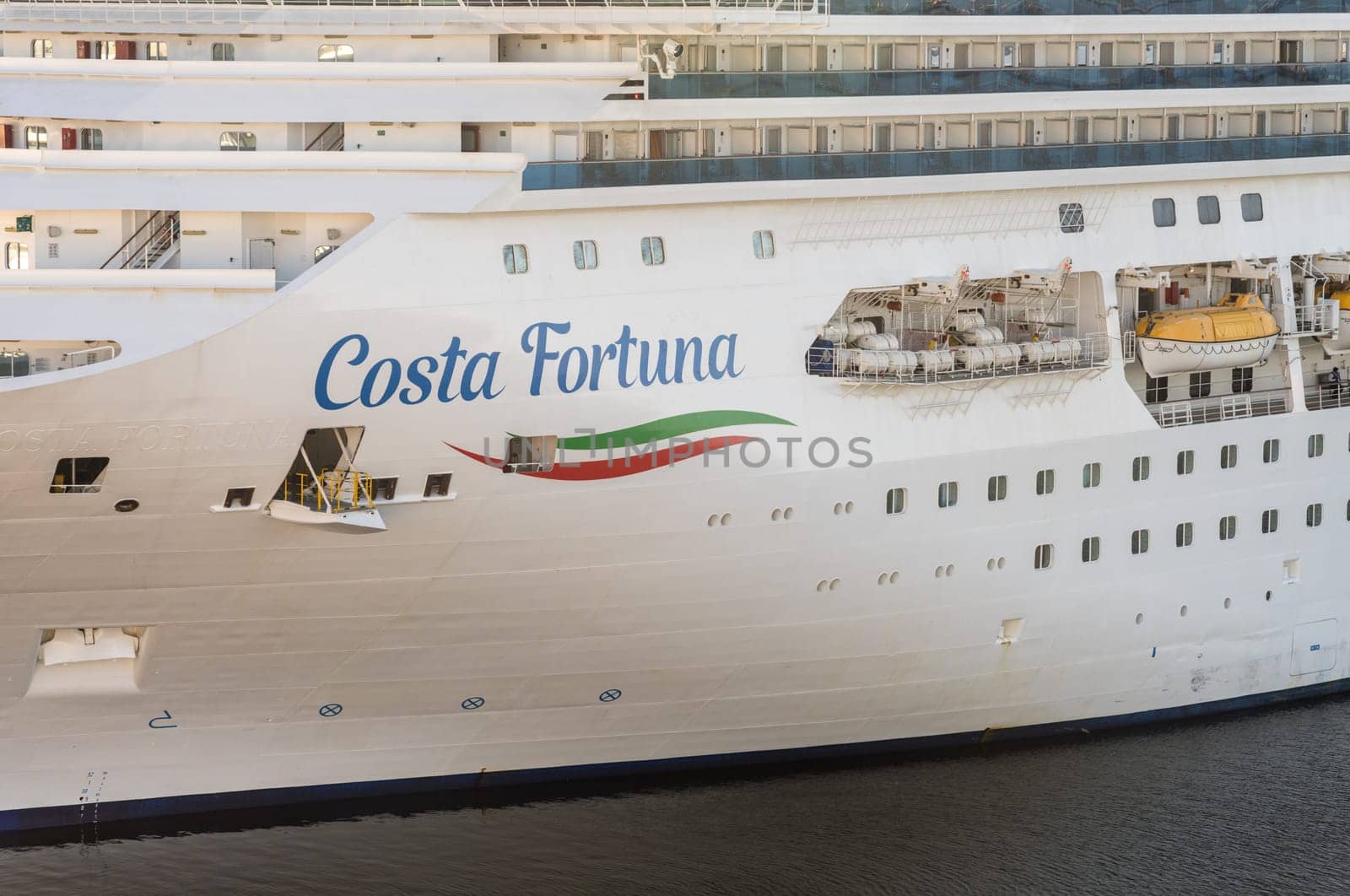 Montevideo, Uruguay - 5 February 2023: Detail of Costa Fortuna cruise ship docked in the harbor