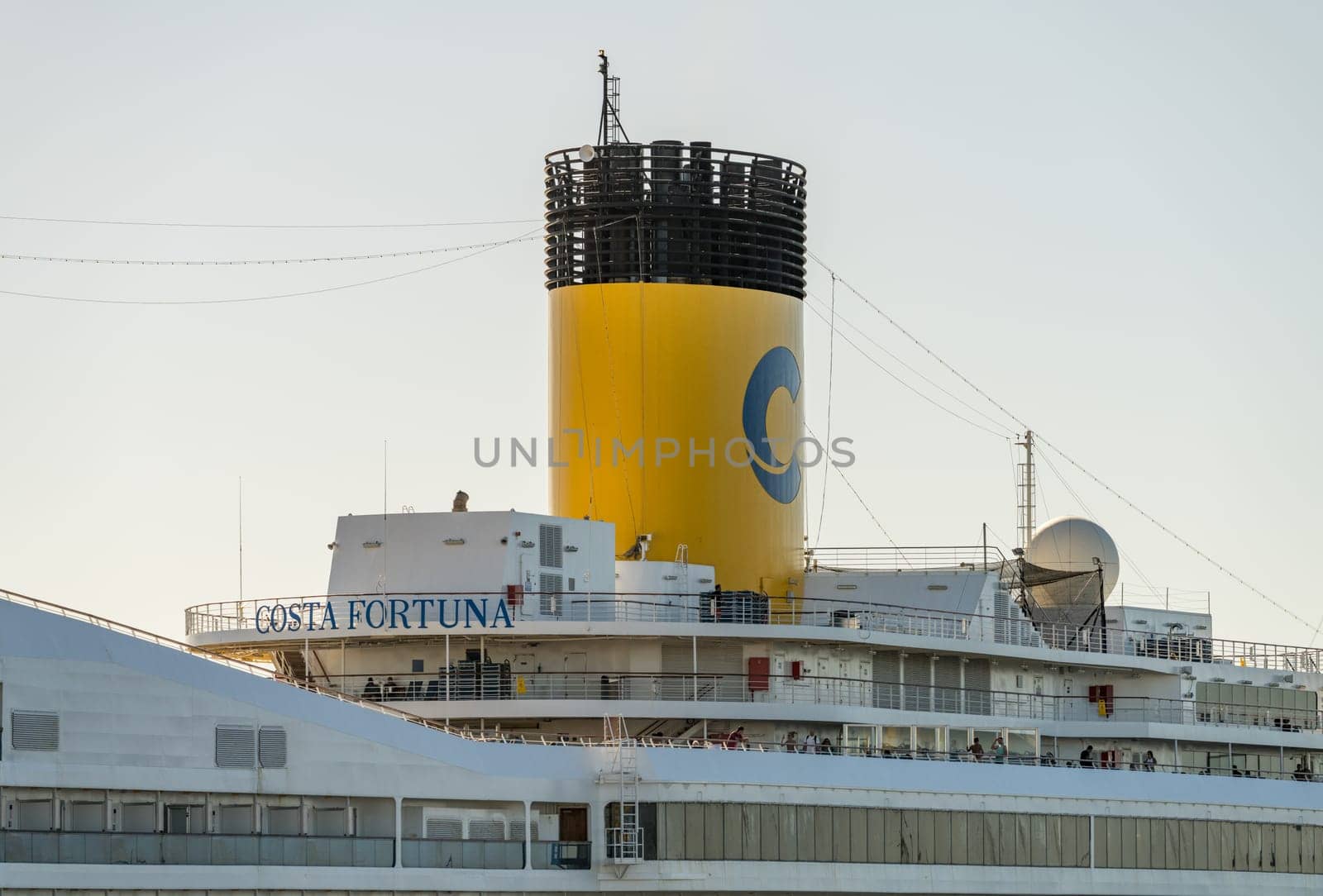 Montevideo, Uruguay - 5 February 2023: Funnel of Costa Fortuna cruise ship docked in the harbor