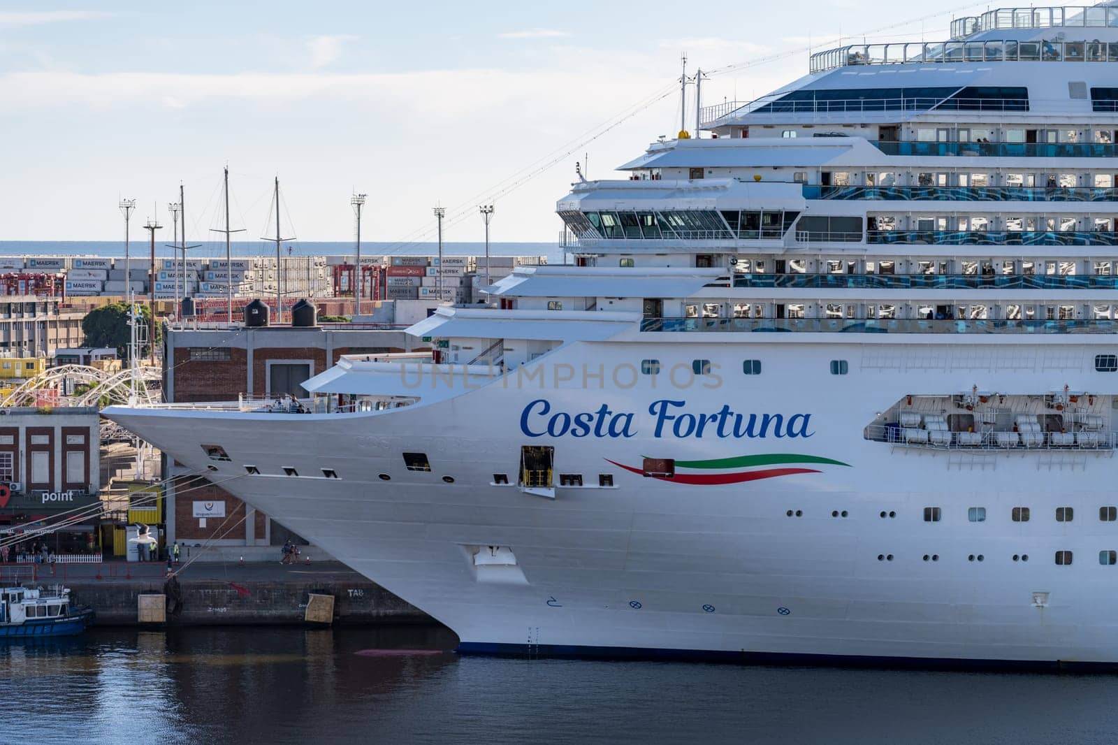 Montevideo, Uruguay - 5 February 2023: Detail of Costa Fortuna cruise ship docked in the harbor