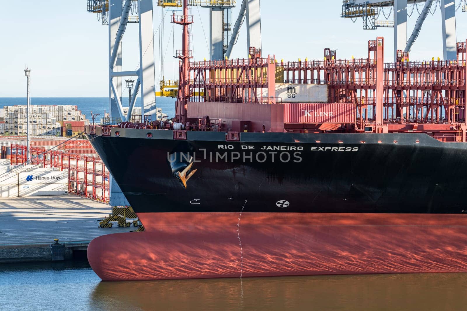 Montevideo, Uruguay - 5 February 2023: Containers being loaded onto ship in commercial port