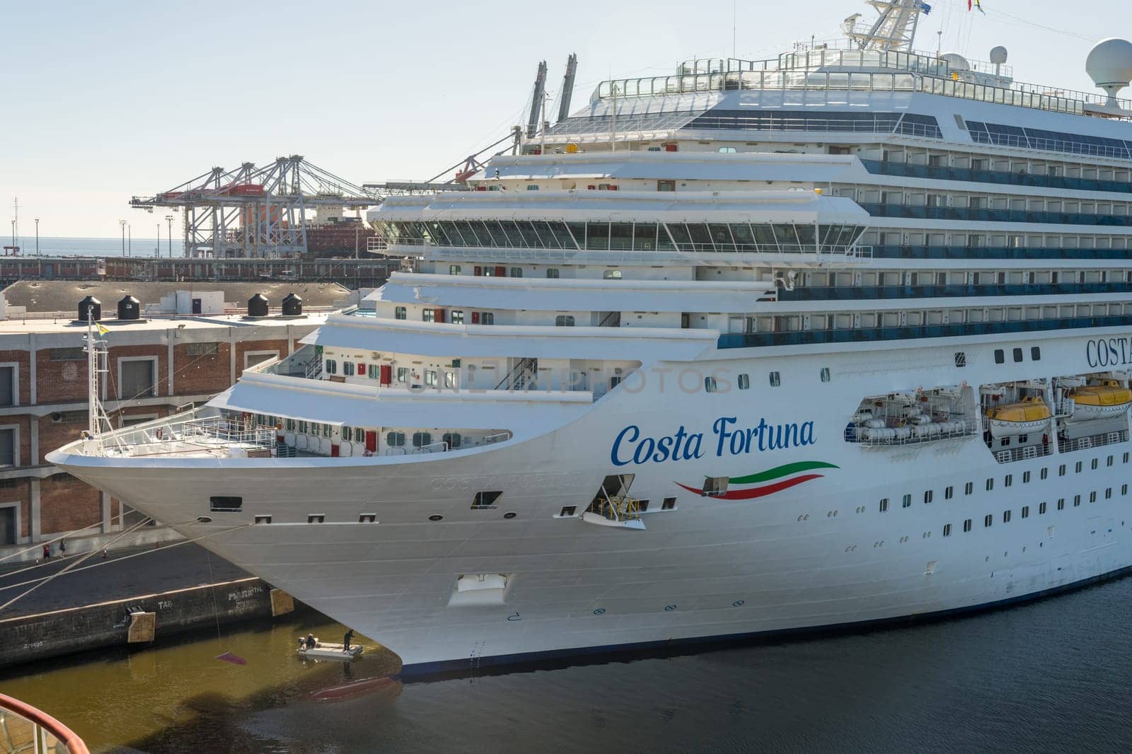 Montevideo, Uruguay - 5 February 2023: Detail of Costa Fortuna cruise ship docked in the harbor