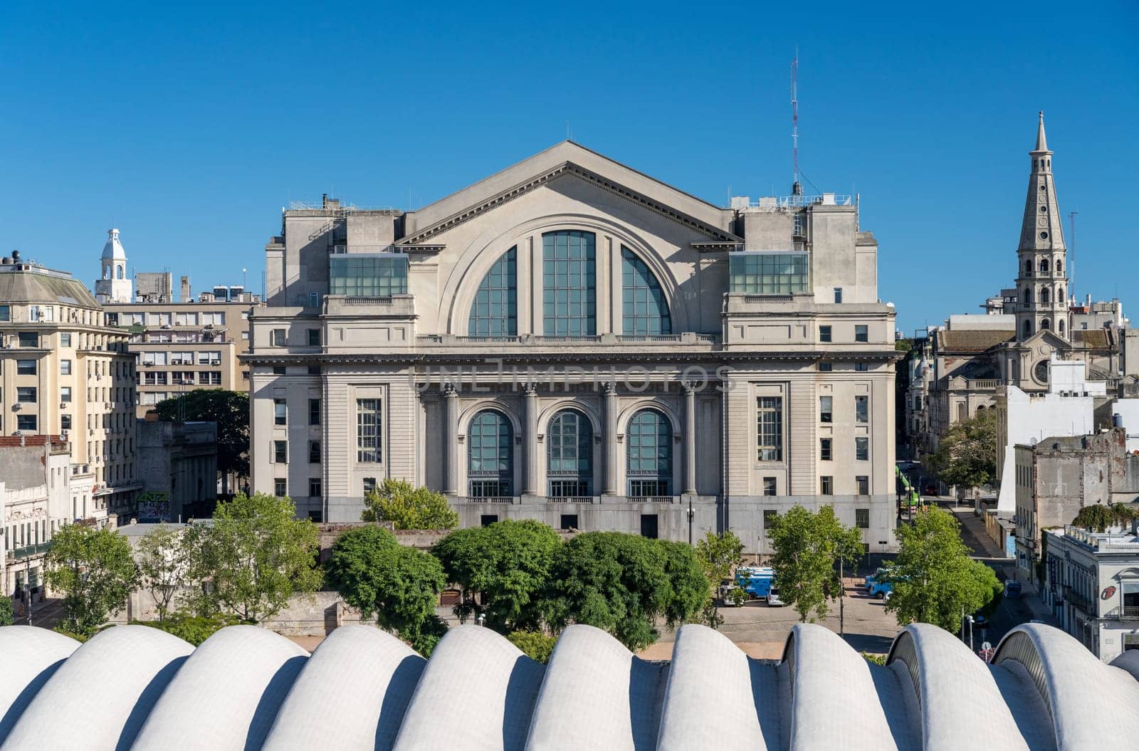 Montevideo, Uruguay - 5 February 2023:Banco Republica building by port and cruise ship terminal