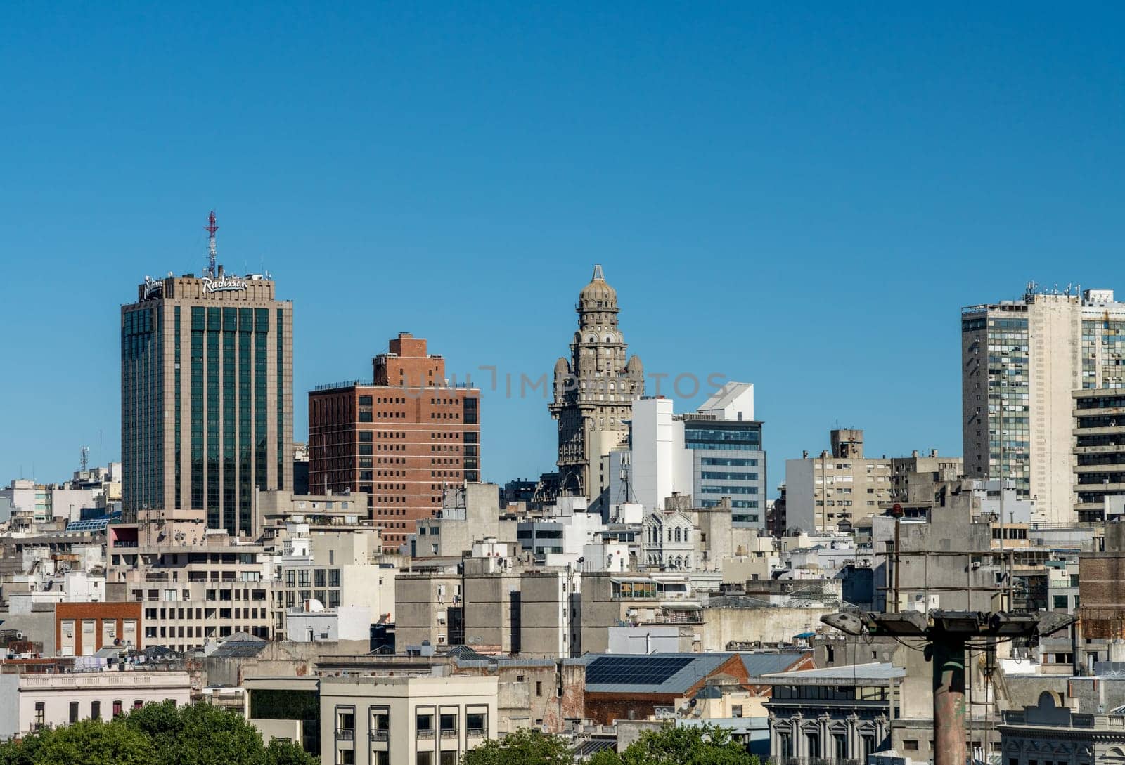 Montevideo, Uruguay - 5 February 2023: Downtown skyline including the famous Salvo Palace building