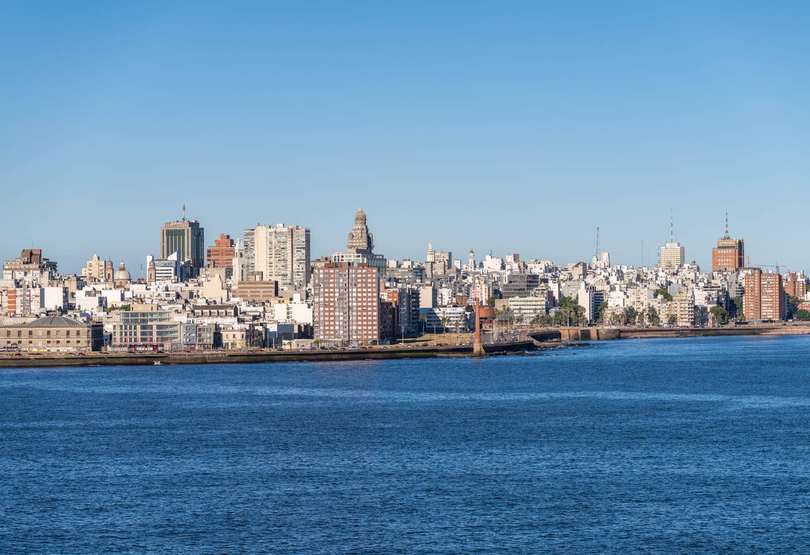 Montevideo, Uruguay - 5 February 2023: Downtown skyline of city of Montevideo from the ocean