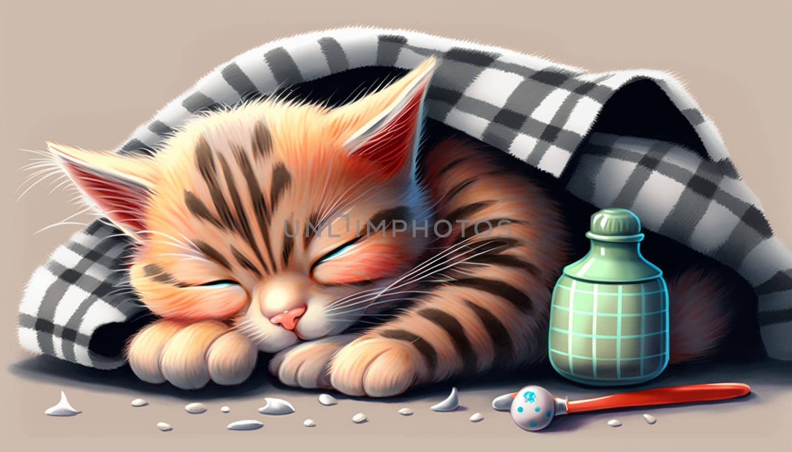 gray kitten sleeping on gray plaid wool blanket with tassels, embracing soft beige knitted toy. High quality photo