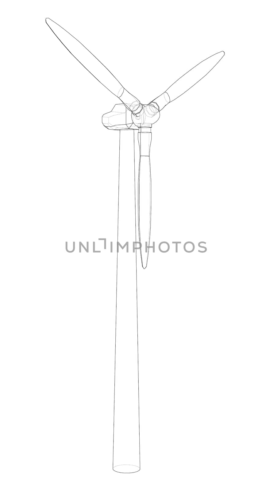 Wind turbine. 3d illustration. Wire-frame style. The layers of visible and invisible lines are separated