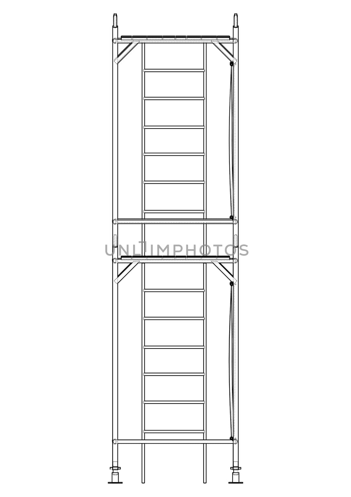 Prefabricated scaffolding on white. 3d illustration. Wire-frame style.Orthography