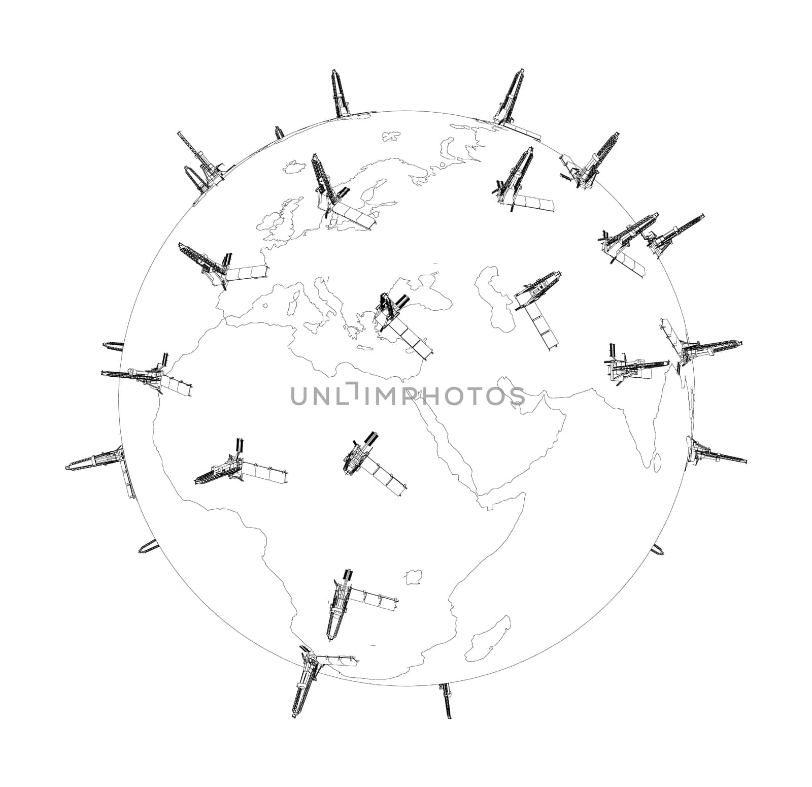 Oil rigs on Earth on white. 3d illustration. Wire-frame style