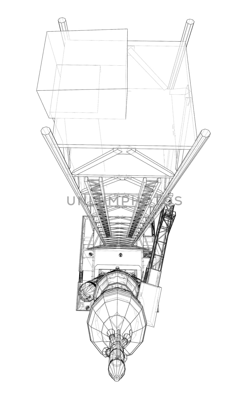 Space Rocket on launch pad. 3d illustration. Wire-frame style. Elements of this image furnished by NASA