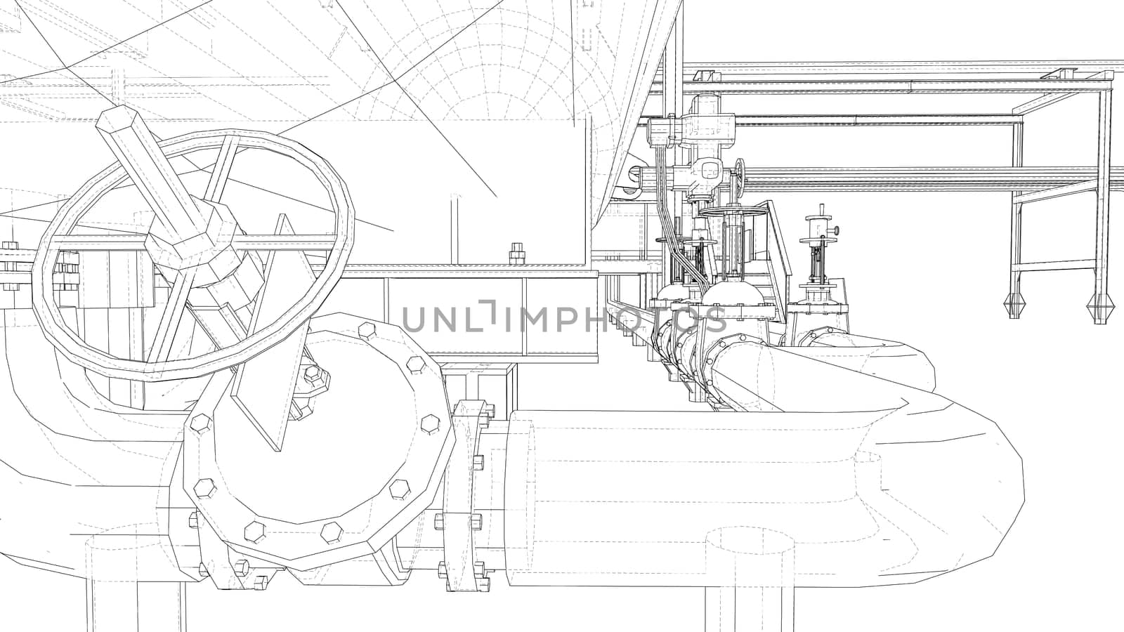 Sketch of industrial equipment. 3d illustration. Wire-frame style