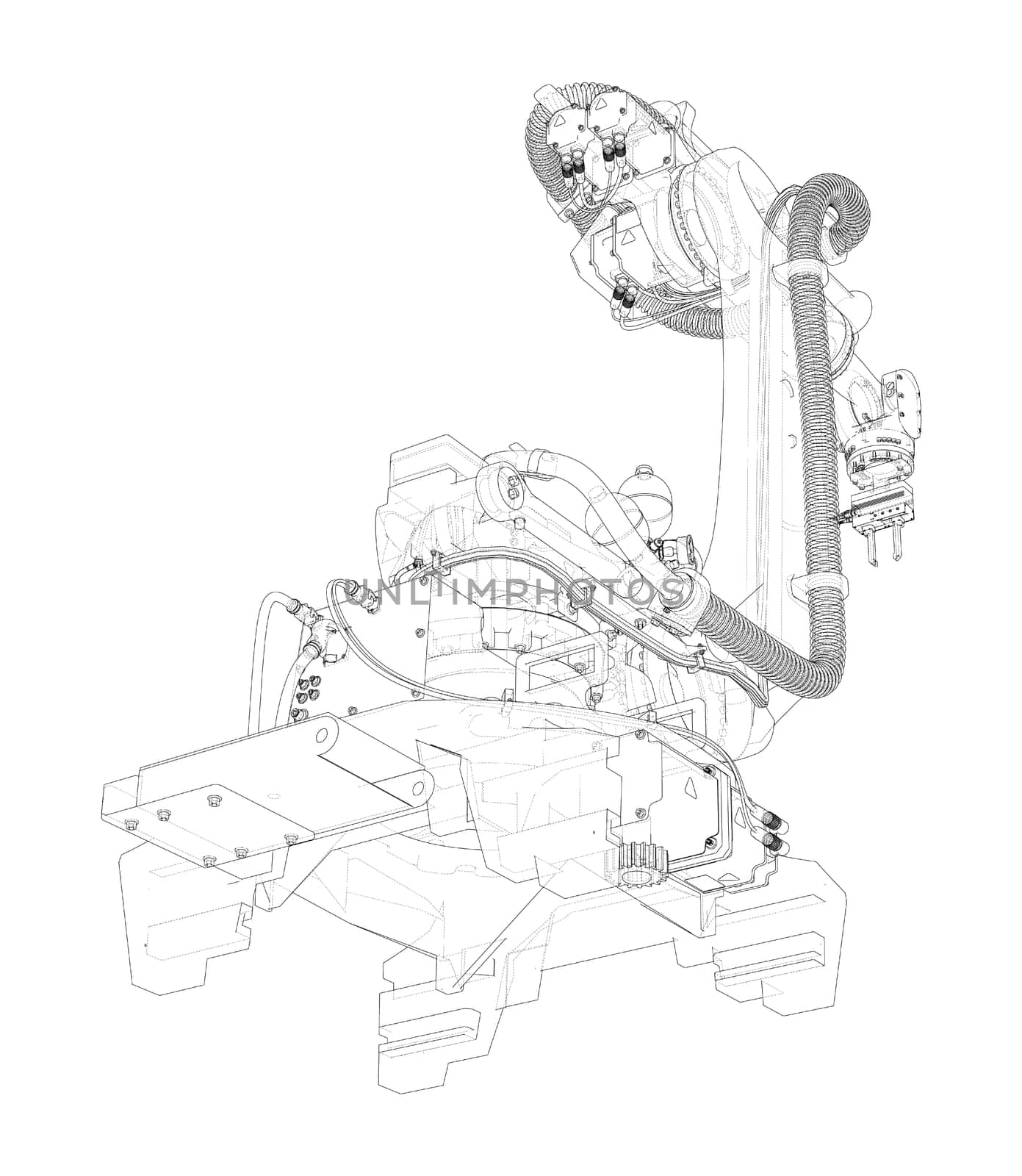 Industrial robot manipulator. 3d illustration in sketch style or blueprint