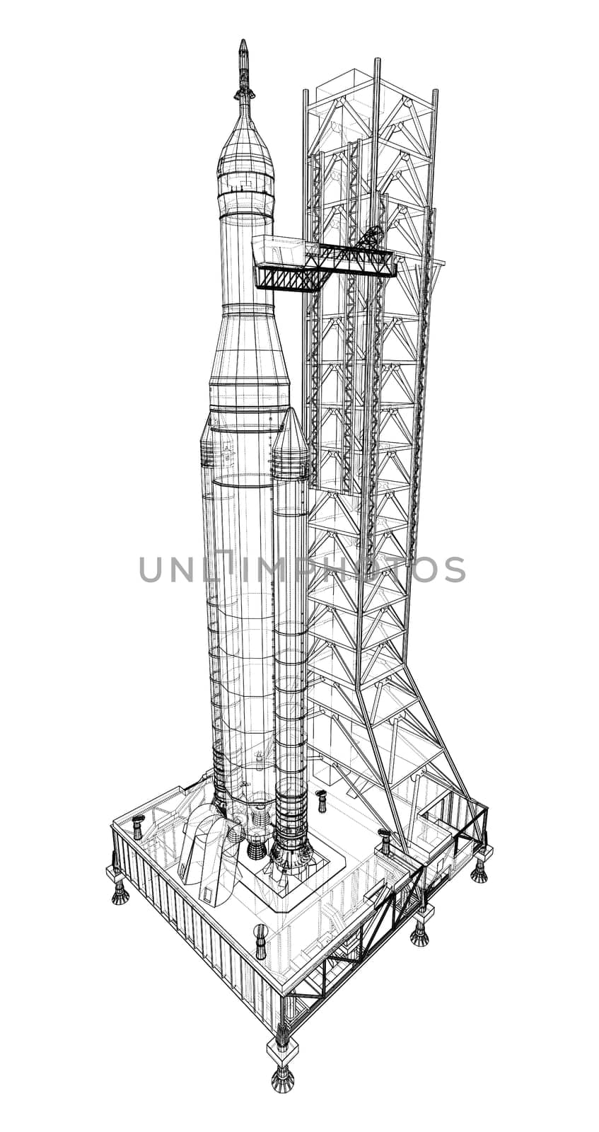 Space Rocket on launch pad. 3d illustration. Wire-frame style. Elements of this image furnished by NASA