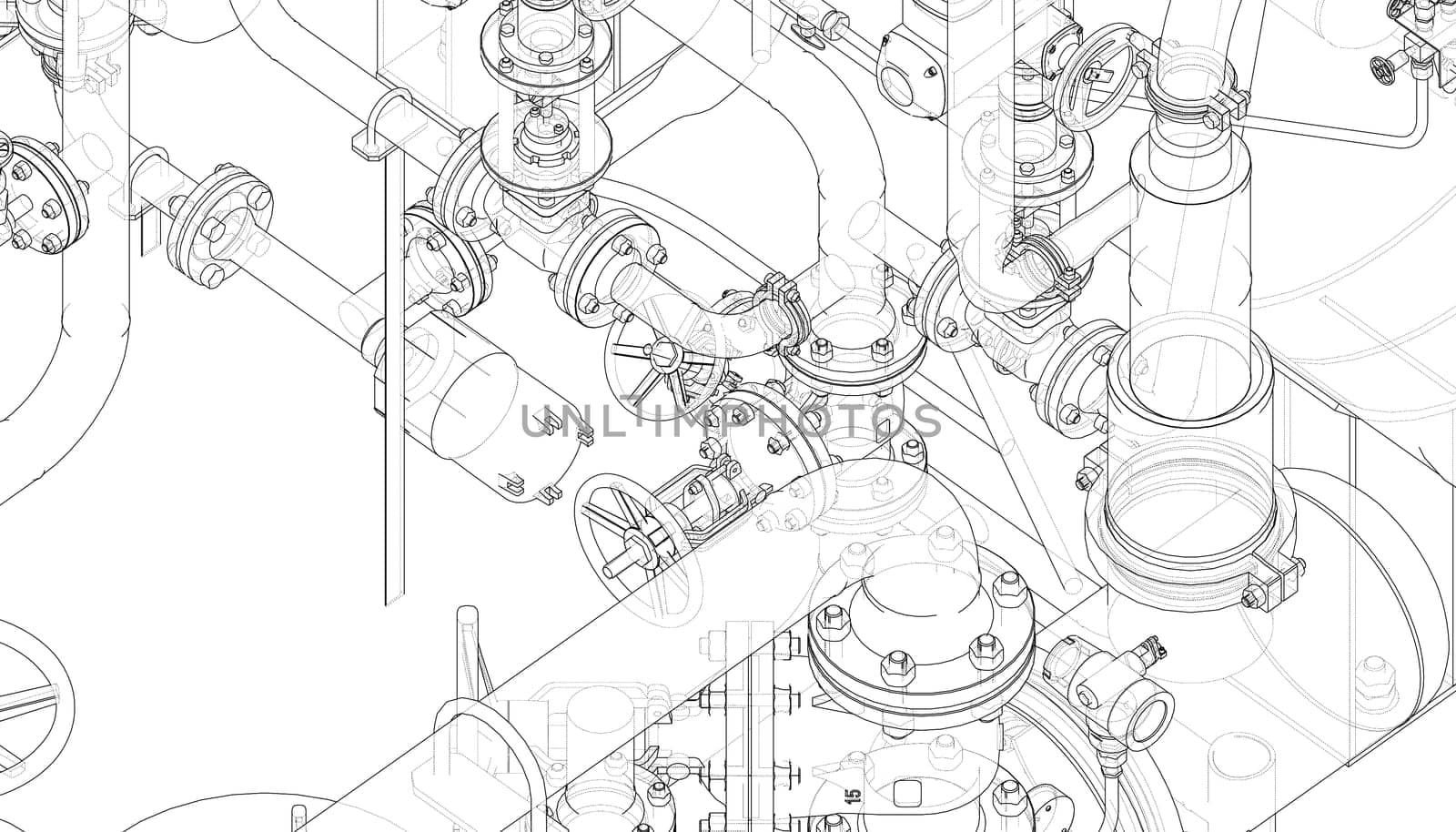 Valves and other industrial equipment. 3d illustration. Wire-frame style. Orthography