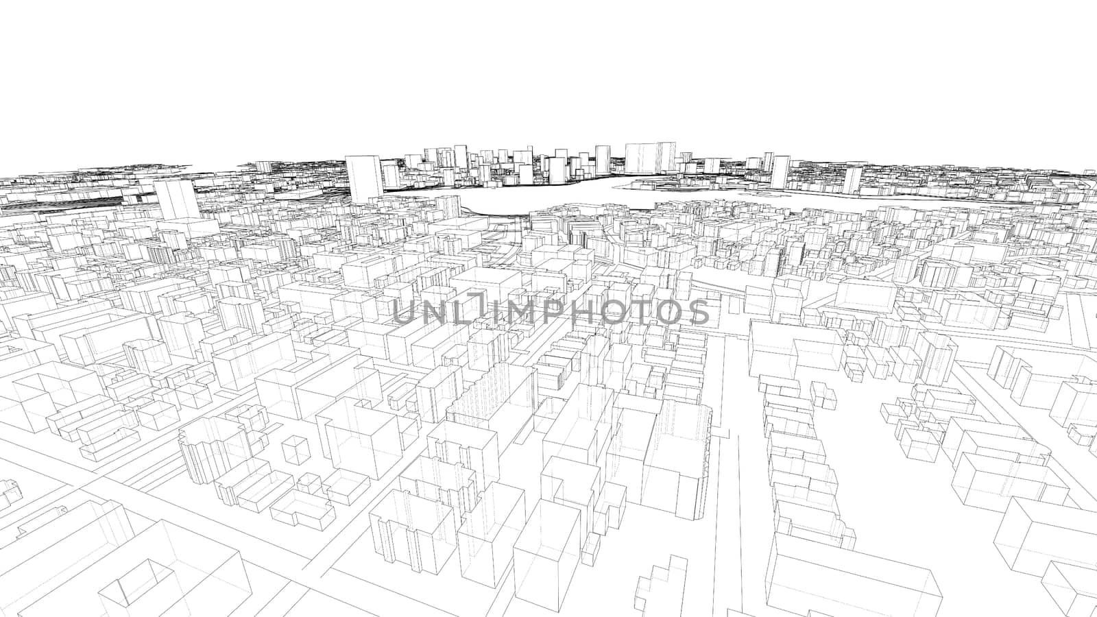 Cityscape Sketch. 3d illustration. Wire-frame style. Urban Architecture Concept