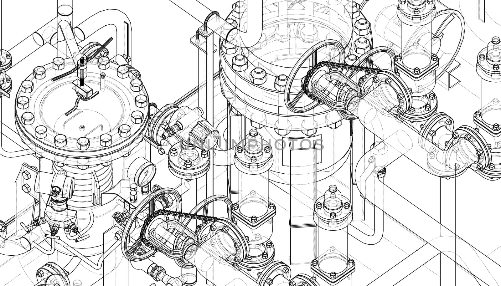 Valves and other industrial equipment. 3d illustration. Wire-frame style. Orthography