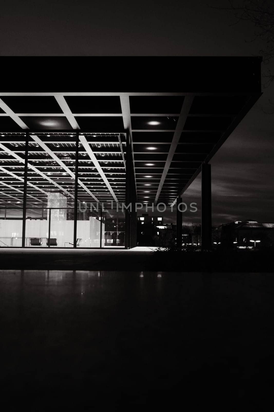 Vertical shot of the night view of the Neue Nationalgalerie museum