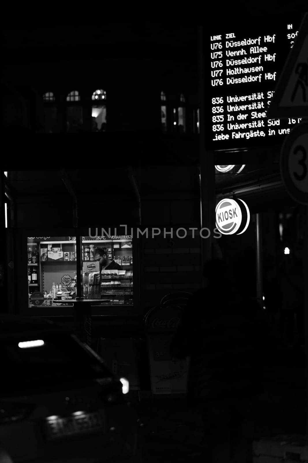Typical Rhineland kiosk by night at Belsenplatz in Duesseldorf, Germany