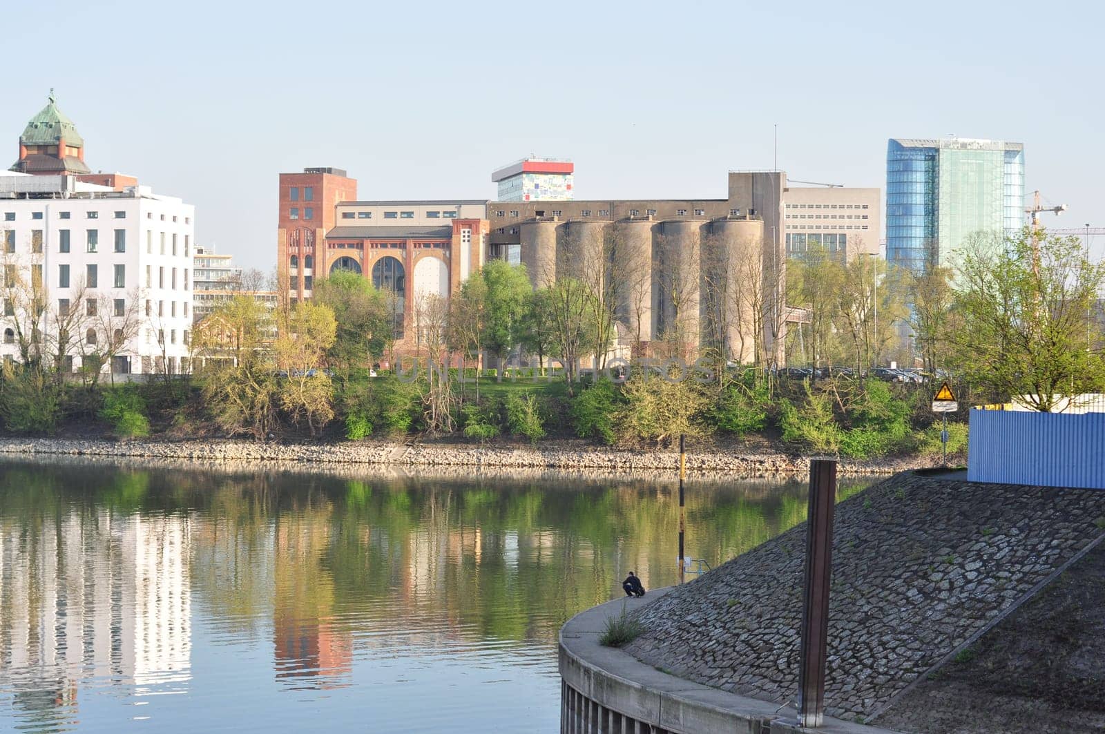 Beautiful shot of the harbor basin and old warehouse buildings in Dusseldorf, Germany