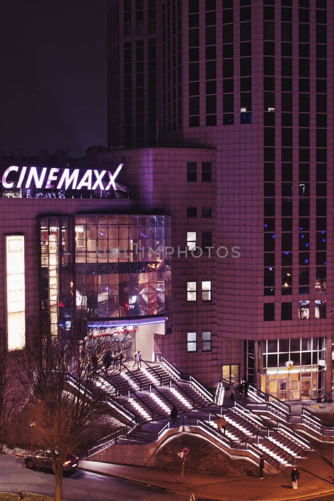 Cinemaxx cinema building in Essen, Germany at nighttime
